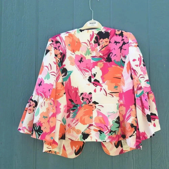 NEW Nine West Women’s Size 12 Ruffle Sleeve Pink Floral Blazer Jacket - Picture 5 of 7